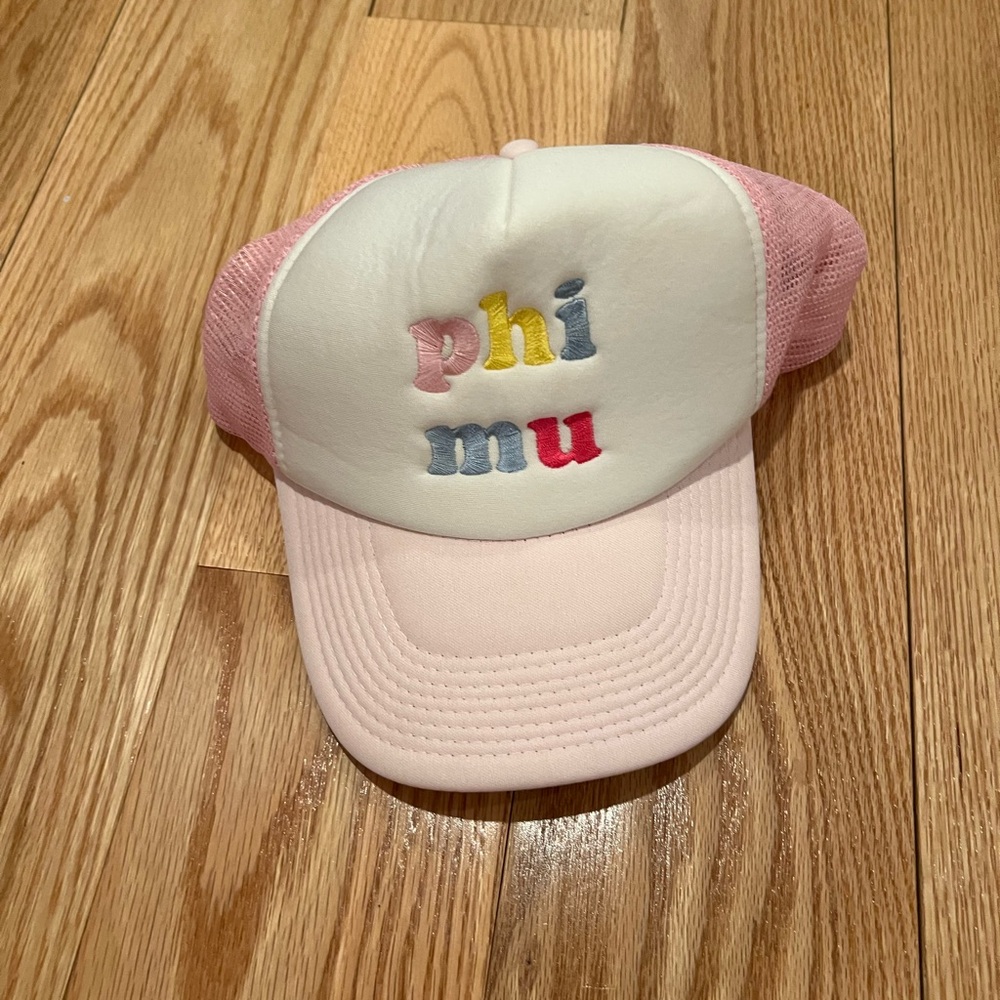 Pink and White Phi Mu Trucker Hat
